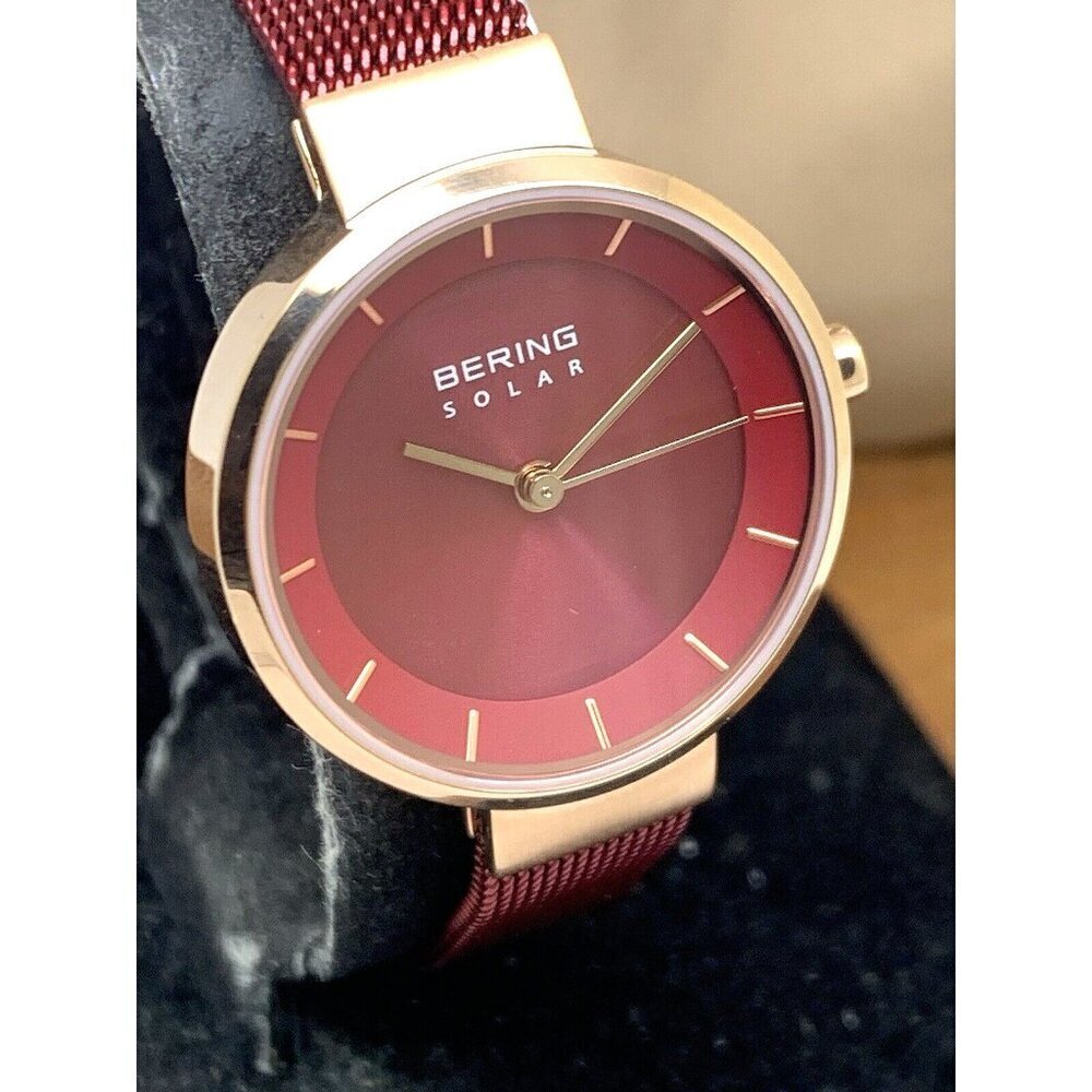 Bering Women's Watch 14627-363 Solar Rose Gold Red Mesh Steel Band 27mm